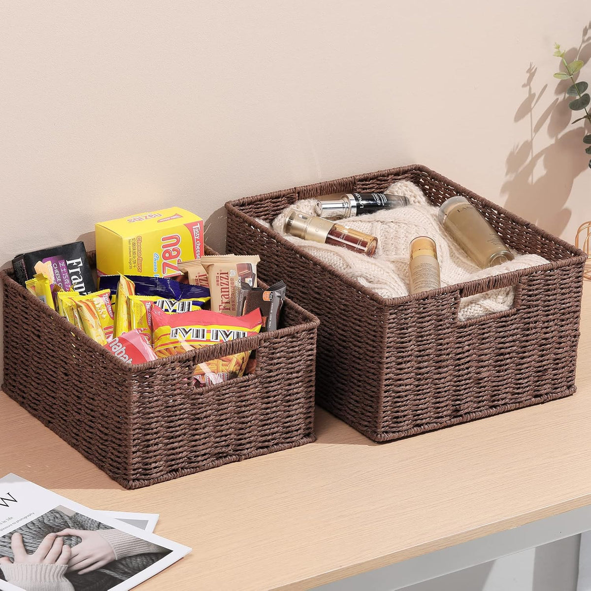 HOONEX Large Woven Storage Baskets, Paper Rope With Sturdy Metal Wire Frame, for Shelves, Set of 2, Dark Brown