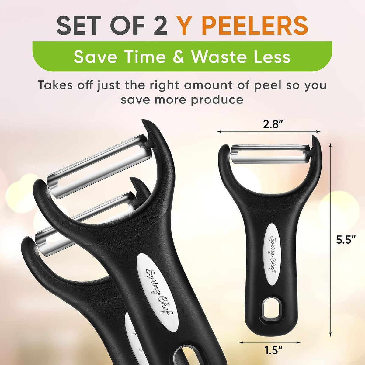 Spring Chef Stainless Steel Vegetable Y Peeler for Kitchen, Dishwasher Safe Potato Peelers with Ultra Sharp Blades & Soft Grip Handle, Perfect for Apple, Carrot, Cucumber, Veggie - Set of 2 - Black