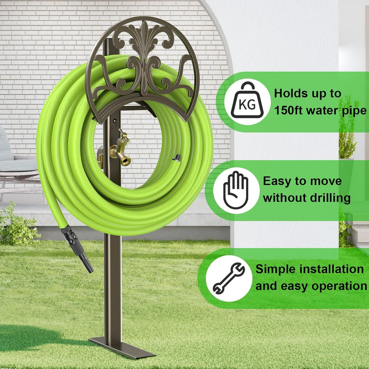 GOFORWILD Garden Hose Stand with Brass Faucet, Detachable Heavy Duty Water Hose Holder, Freestanding Metal Hose Reel Decorative Storage Hanger Holds 150-Feet Hose for Outside Patio Lawn Yard