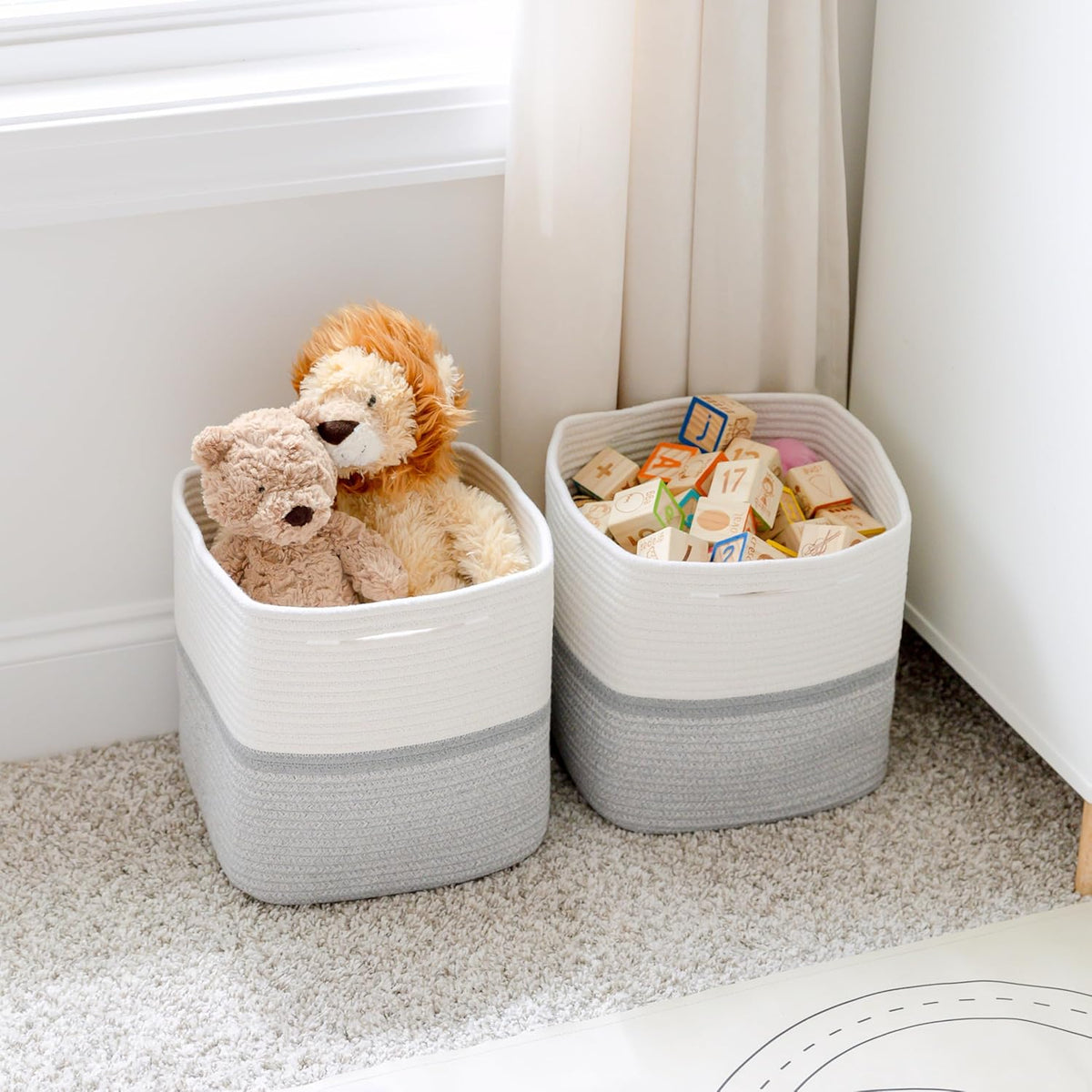 NaturalCozy Storage Cubes 11 Inch Cotton Rope Woven Baskets for Organizing, 3-Pack | Cube Storage Bin | Square Storage Baskets for Shelves Organizer, Classroom, Kids Toy Bins, Closet, Baby Nursery