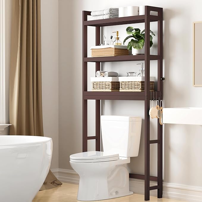 Smiry Over The Toilet Storage Cabinet, 3-Tier Bamboo Bathroom Organizers with Adjustable Shelf & 4 Hooks, Space Saving Shelf Rack for Bathrooms, Laundry Room, Balcony, Brown
