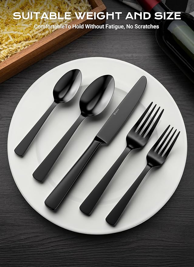 Black Silverware Set, 45-Piece Flatware Set Service for 8, Durable Stainless Steel, Mirror Polished Tableware Eating Cutlery Set, Kitchen Utensils Set with Steak Knives, Dishwasher Safe