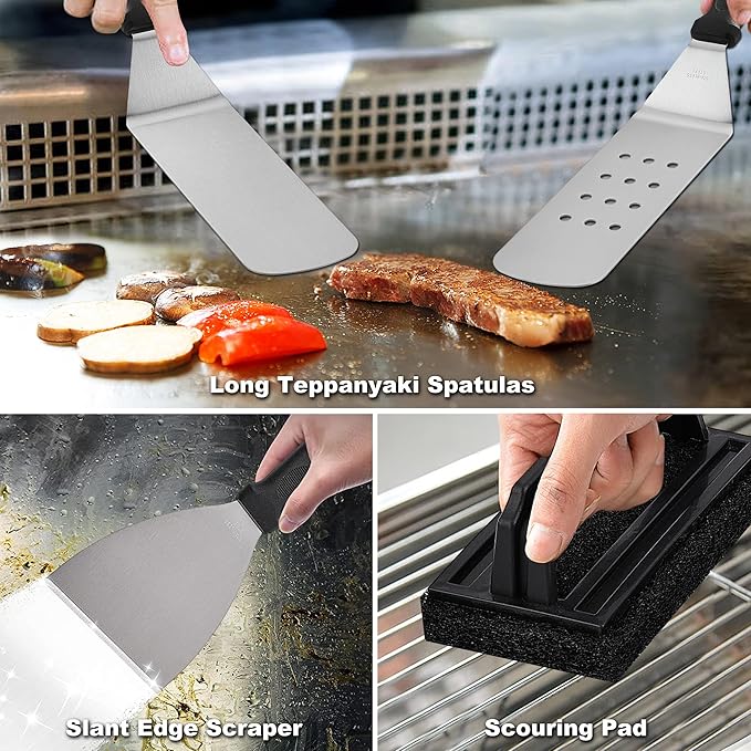 ROMANTICIST 29PCS Griddle Accessories Set - Flat Top Teppanyaki Spatula Set with Scraper, Basting Cover for Camp Chef- Home Cooking Griddle and Outdoor BBQ Gifts for Christmas