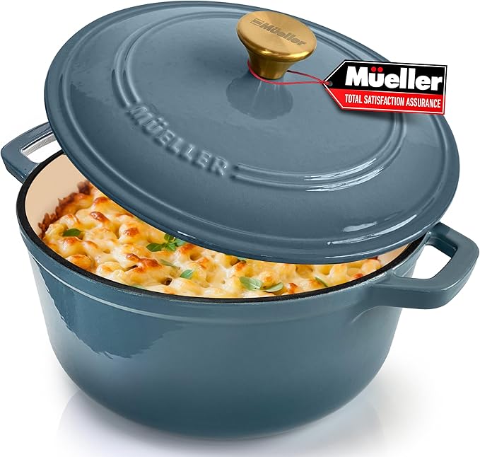 MUELLER HOME 7.5 Quart Enameled Cast Iron Pot Dutch Oven, Heavy-Duty, Oven-Safe up to 500° F & Across All Cooktops, Bread Pan with Lid & Knob, Cast Iron Cookware, Blue Kitchen Accessories,Mineral Blue