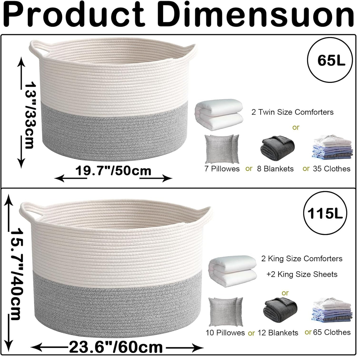 Large Blanket Basket for Organizing,115L Closet Organizers and Storage Bins Box for Shelves Woven Rope Storage Baskets,Living Room,Bedroom,Dorm,Laundry room (White&Grey)
