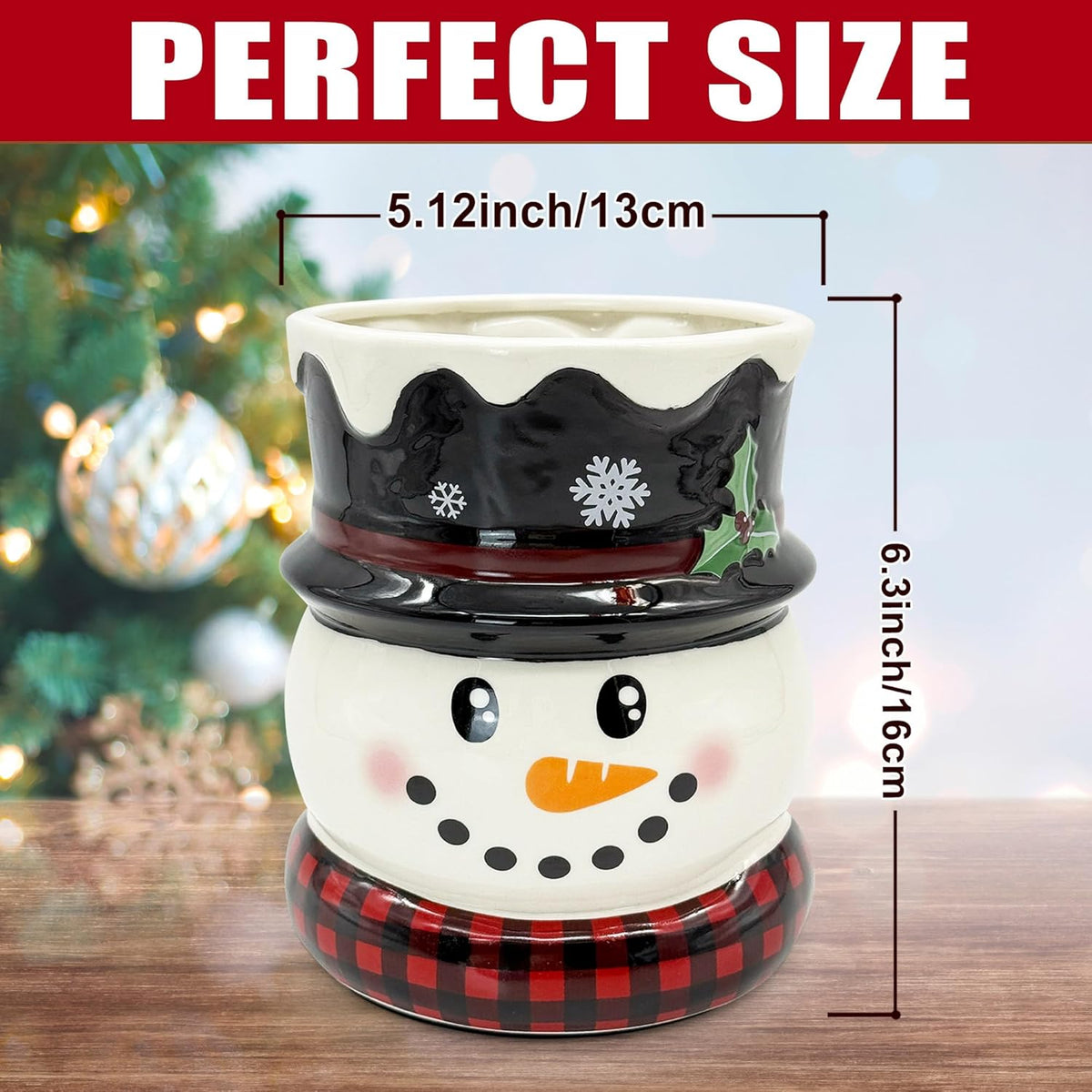 pinata Christmas Kitchen Decor Ceramic Snowman Utensil Holder, Cute Christmas Utensils Holder, Xmas Ceramic Utensils Crock for Rustic Farmhouse Indoor Kitchen Decorations(6.3 Inches)
