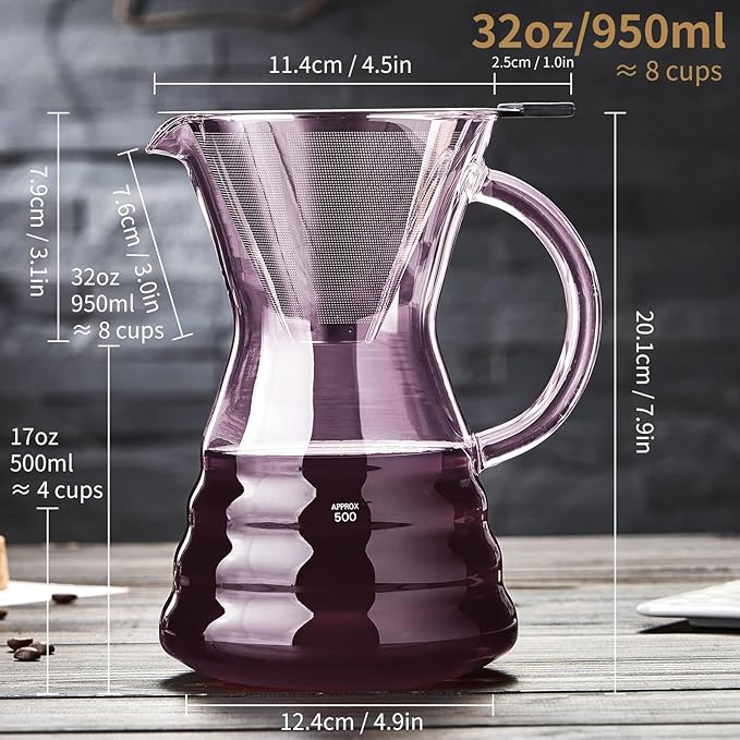 Unbreakable - Pour Over Coffee Maker with Permanent Stainless Filter 27 fl oz, Thickened Heat-Resistant Borosilicate Glass Dripper Coffee Brewer, Stovetop Safe, Pink