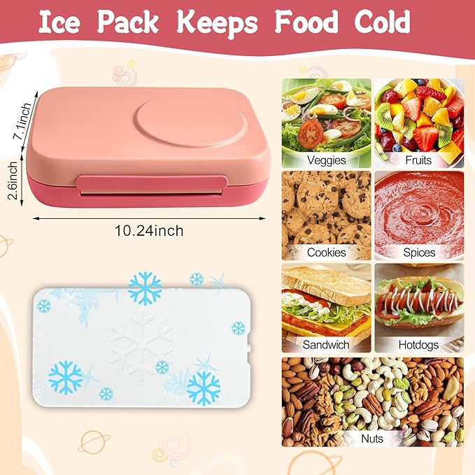 Bento Box for Kids,Kids Bento Lunch Box with Built-in Ice Pack for School,3 Compartments Leak Proof Lunch Container with Utensils for Girl Boy;BPA Free,Microwave & Dishwasher Safe, 44oz(Pink)