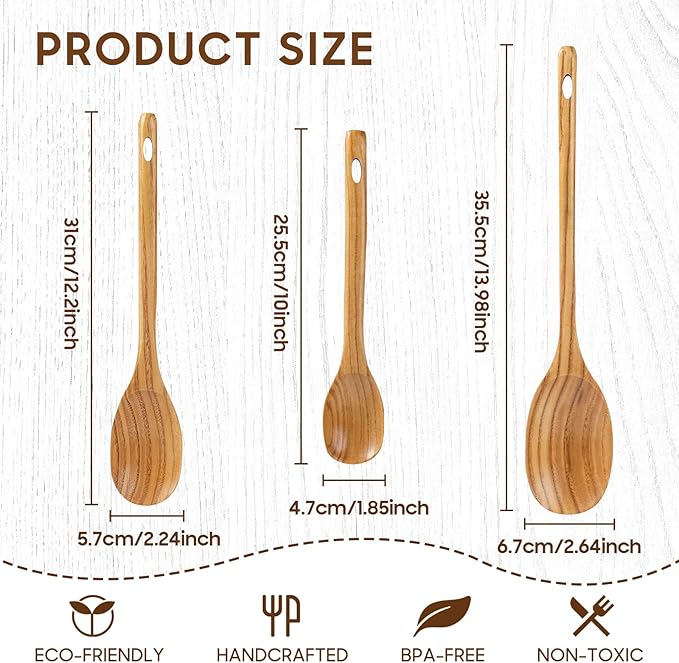 FJNATINH 3PCS Wooden Spoons, Long Handle Wooden Cooking Spoon Nonstick Kitchen Mixing Spoon Serving Spoon| 14-Inch, 12-Inch, 10-Inch | Kitchen Utensil Set Housewarming Gifts
