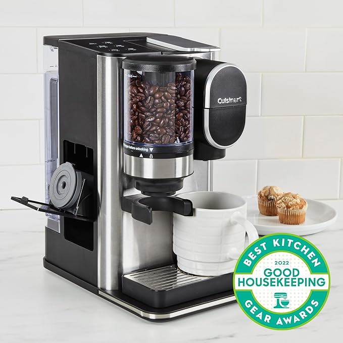 Cuisinart Single-Serve Coffee Maker + Coffee Grinder with 8, 10, and 12 oz. Serving Size, Compatible with Single-Cup Pods, 48-Ounce Removable Reservoir, Stainless Steel, DGB-2SS