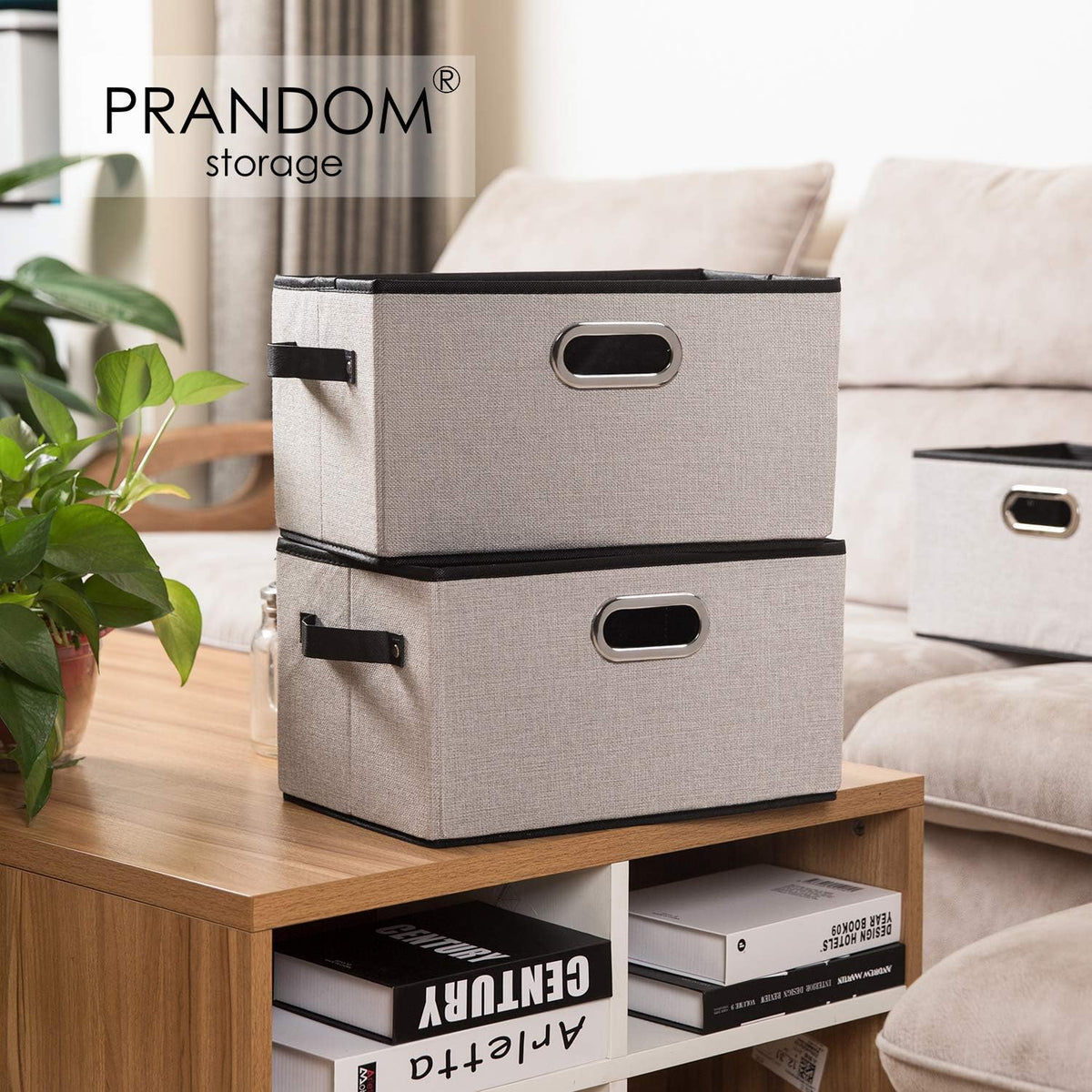 PRANDOM Large Fodable Storage Bins for Closet [3-Pack] Decorative Linen Fabric Storage Bins Cubes with Leather/Metal Handles for Shelves Bedroom Living Room Light Grey (14.9x9.8x8.3 Inch)