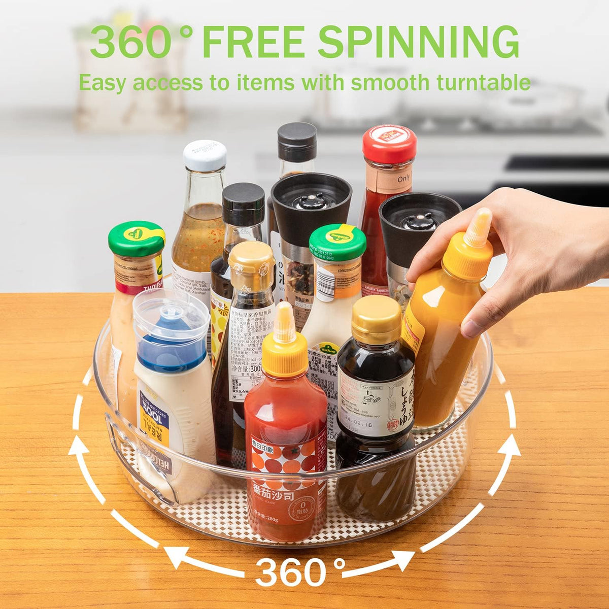 2 Pack Lazy Susan Cabinet Organizer with Handle 12 inch, Clear Spinning Lazy Susan Turntable for Pantry, Kitchen Sink, Corner Cabinet, Bathroom, Countertop, Non-Skid Liners Included, Free Rotating