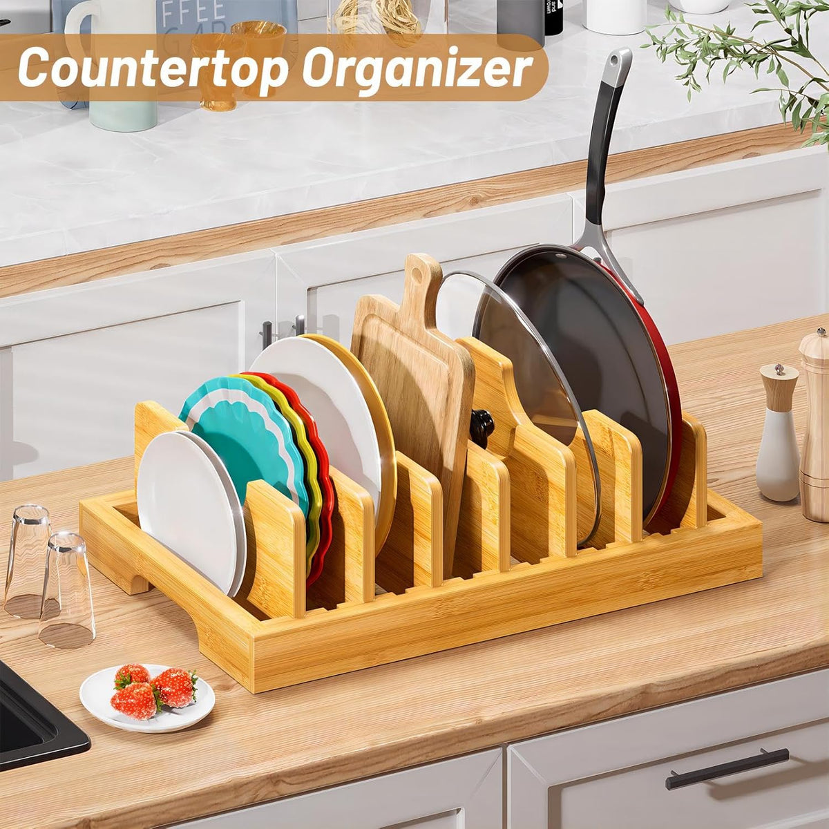 Bamboo Pot and Pan Organizer, Pot Lid Organizer Holder Rack for Countertop Drawer, Kitchen Cabinet Organizer with 7 Adjustable Dividers for Pots, Pans, Baking Sheets, Cutting Boards, Nature