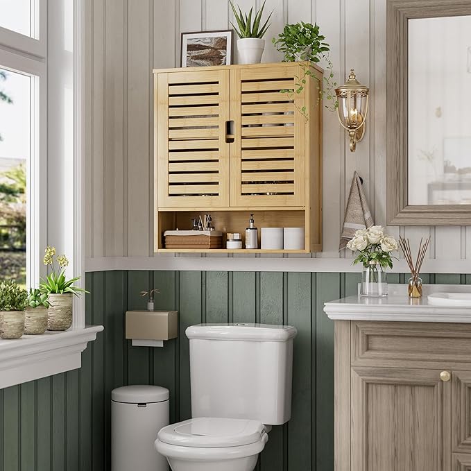 SMIBUY Bathroom Cabinet Wall Mounted, Bamboo Over-The-Toilet Storage Organizer, Space Saver Medicine Cabinet with 2 Door and Adjustable Shelves (Natural)