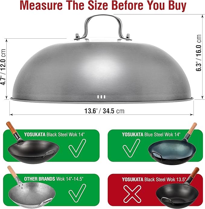 YOSUKATA Wok Lid 13.6 Inch - Premium Stainless Cover with Tempered Glass Insert Steam Holes - Dishwasher-Safe Lid for 14-Inch Wok - Chees Melting Dome for Griddle