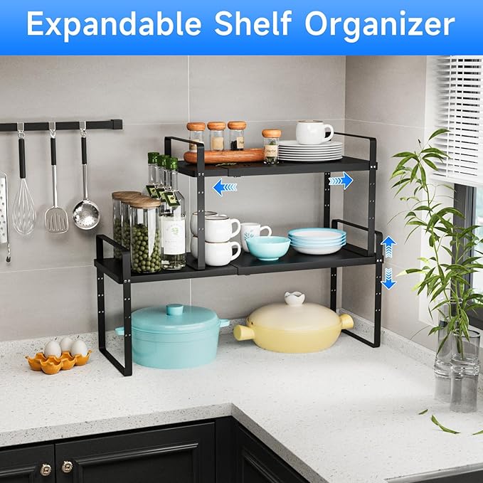 Expandable Cabinet Shelf Organizer, Stackable Kitchen Pantry Counter Storage, Adjustable Closet Cupboard Stand Rack Risers Spice Organization 80LBS Heavy Duty Black Large 2 Pack