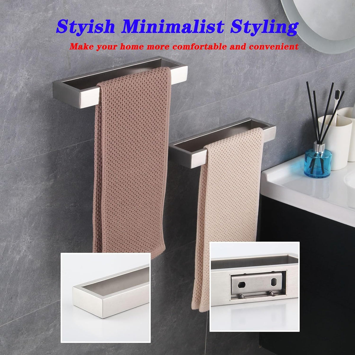 GERZWY Modern Towel Holder Square Style Brushed Stainless Steel Towel Hanger Towel Ring for Bathroom Wall Mount 2 Pack HG1716-2LS