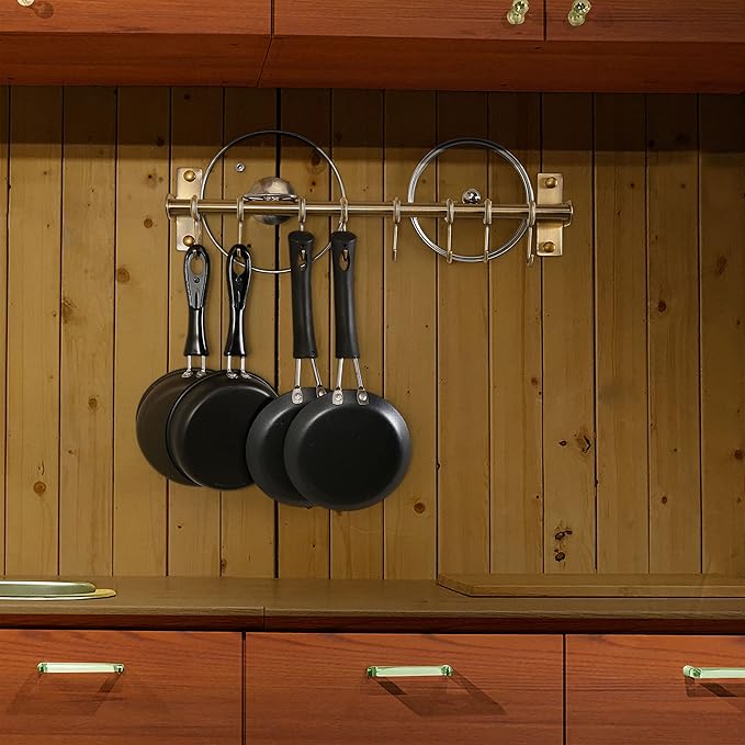 Dseap Kitchen Hooks for Hanging Utensils, Hanging Pot Rack, Kitchen Utensil Hanger Rail with 8 Hooks for Pots Pans, Spoons, Mugs, Wall Mounted, Stainless Steel, Bronze, Pack of 2