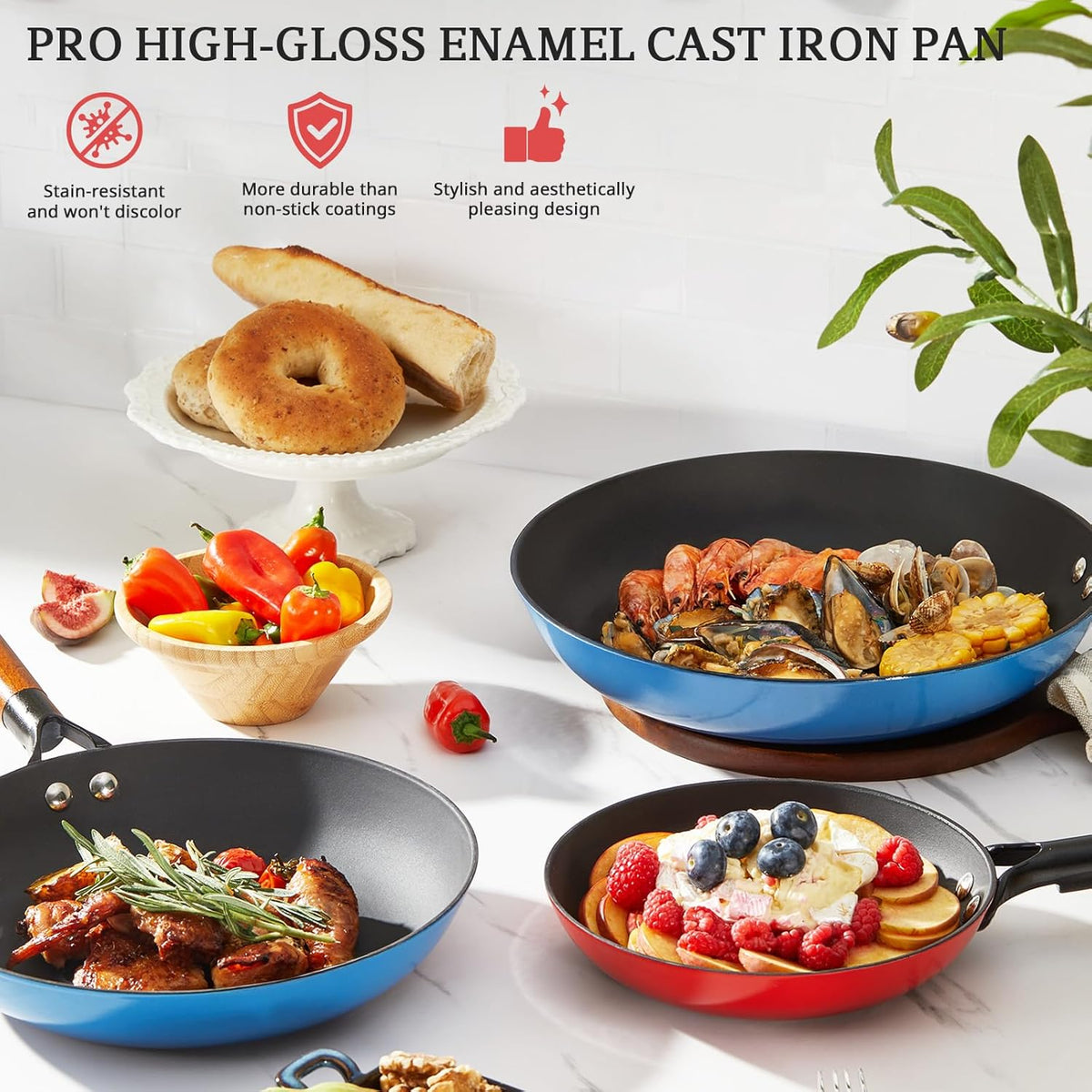 KITESSENSU Titanium Non Stick Frying Pan 8' - Deep Enameled Cast Iron Skillet - Cast Iron Pan for Compatible With All Stovetops - Gradual Burgundy Red
