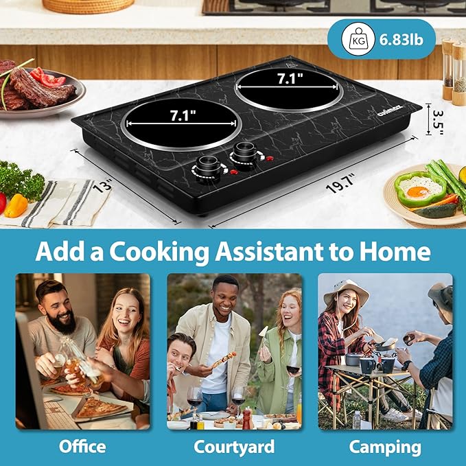 Hot Plate, CUSIMAX Double Burner Electric Hot Plate for Cooking, 1800W Dual Control Portable Stove Countertop Electric Burner Infrared Cooktop, Stainless Steel Black Marble