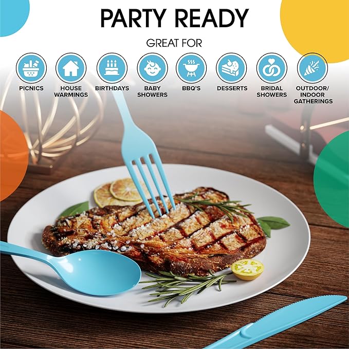 Party Solids Light Blue Plastic Silverware Heavy Duty 150 Pcs Light Blue Plastic Cutlery Sets, Utensil Sets, 50 Of Each Forks, Knives & Spoons Disposable Cutlery Set, Flatware Set For Party Supplies