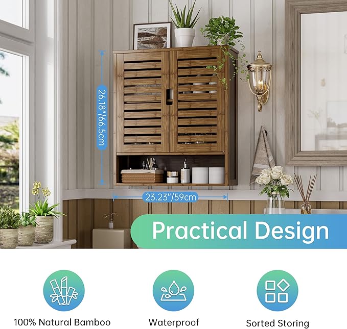 SMIBUY Bathroom Cabinet Wall Mounted, Bamboo Over-The-Toilet Storage Organizer, Space Saver Medicine Cabinet with 2 Door and Adjustable Shelves (Walnut)