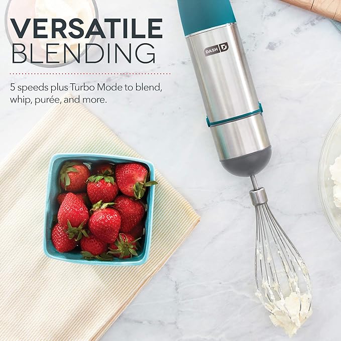 Dash Chef Series Immersion Hand Blender, 5 Speed Stick Blender with Stainless Steel Blades, Whisk Attachment and Recipe Guide – Teal