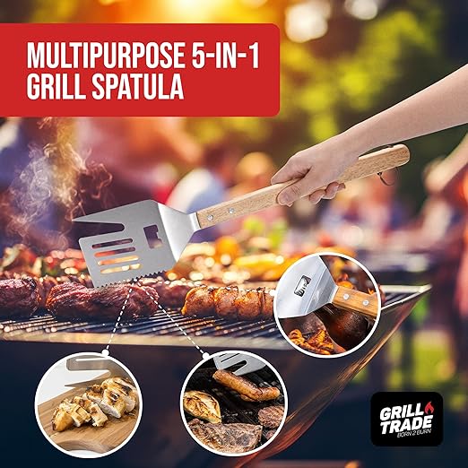 Grill Trade 5-in-1 Grill Spatula with Knife, Fork, Tenderizer, Bottle Opener, and Turner BBQ Tool - Multifunction with Wooden Handle-Ergonomic Cooking Tool for Outdoor Grilling, Flipping, Cutting-19''