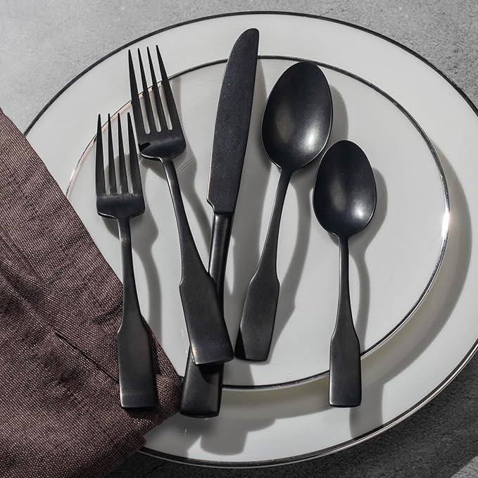 Alata Kate Black Tumbled 20-Piece Silverware Set,Service for 4,Stainless Steel Flatware Set,Tumbled Cutlery Set,Dishwasher Safe