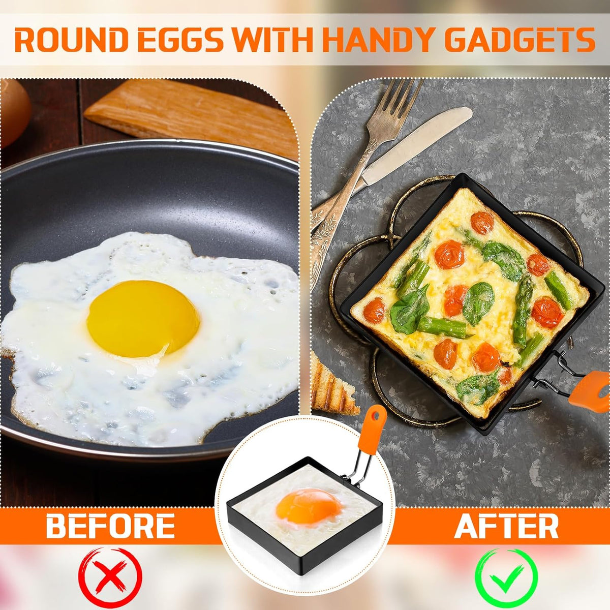 Patelai 6 Pcs Egg Ring Pancake Ring Set Stainless Steel Fried Egg Molds Griddle Pancake Shapers with Silicone Handle for Breakfast Omelette Sandwich(Square, Round,4 Inch, 6 Inch, 8 Inch)