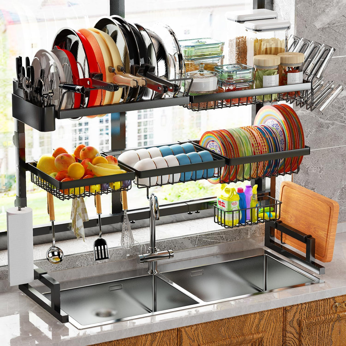 Over Sink Dish Drying Rack (Expandable Height/Length) (31-39.5L x 12W x 34-38H inches) Snap-On Design Large Dish Drainer Storage Counter Organizer