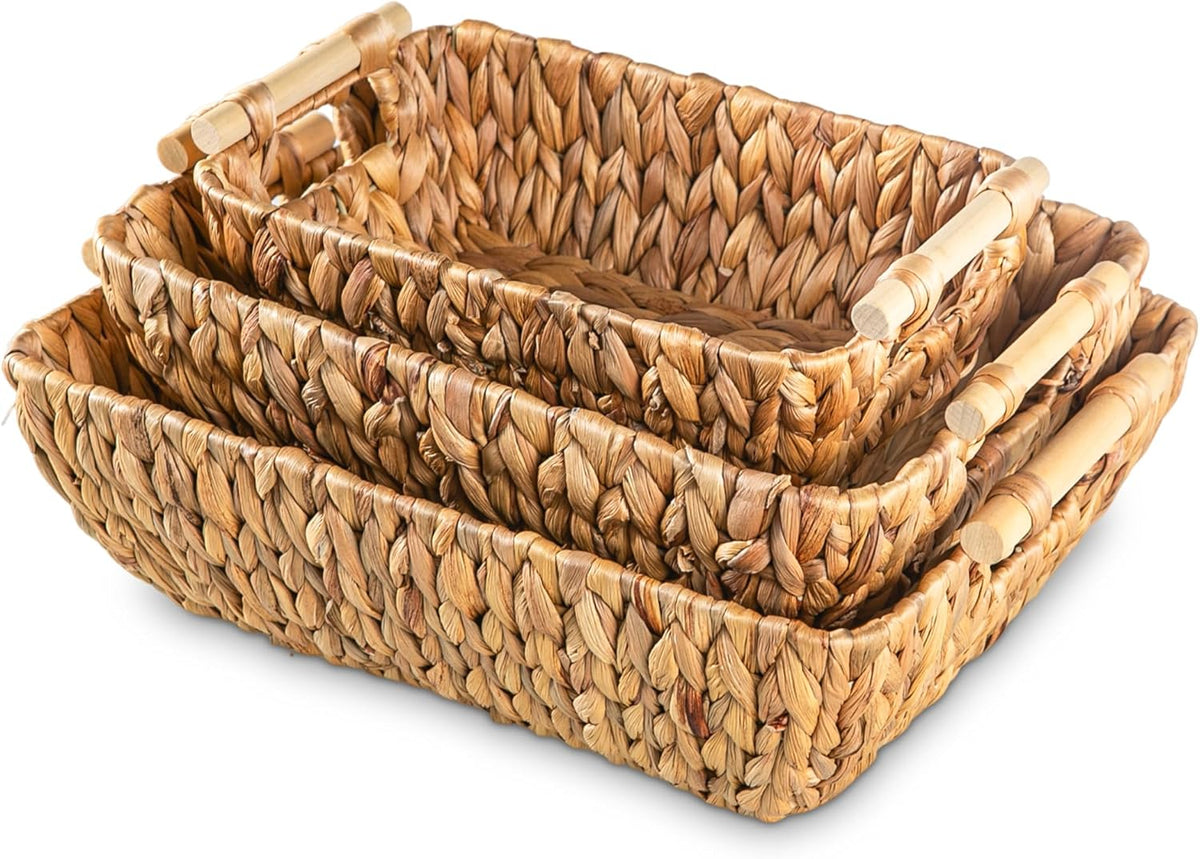 Woven Storage Baskets – Set of 3 Handwoven Water Hyacinth Wicker Baskets with Wooden Handles for Organizing, Decorative Baskets for Laundry Room, Home Decor - Large, Medium & Small