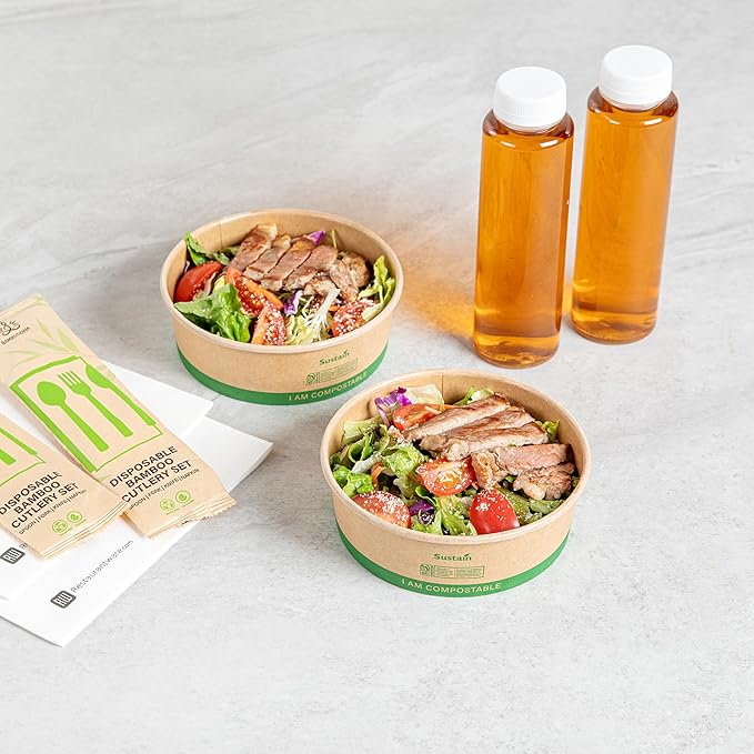 Restaurantware Paper Food Containers 200 Pack Of 17 oz Disposable Round Kraft Salad Bowls BPI-Certified Compostable Stackable Greaseproof Meal Prep Take Out Containers For Soups, Snacks And Desserts