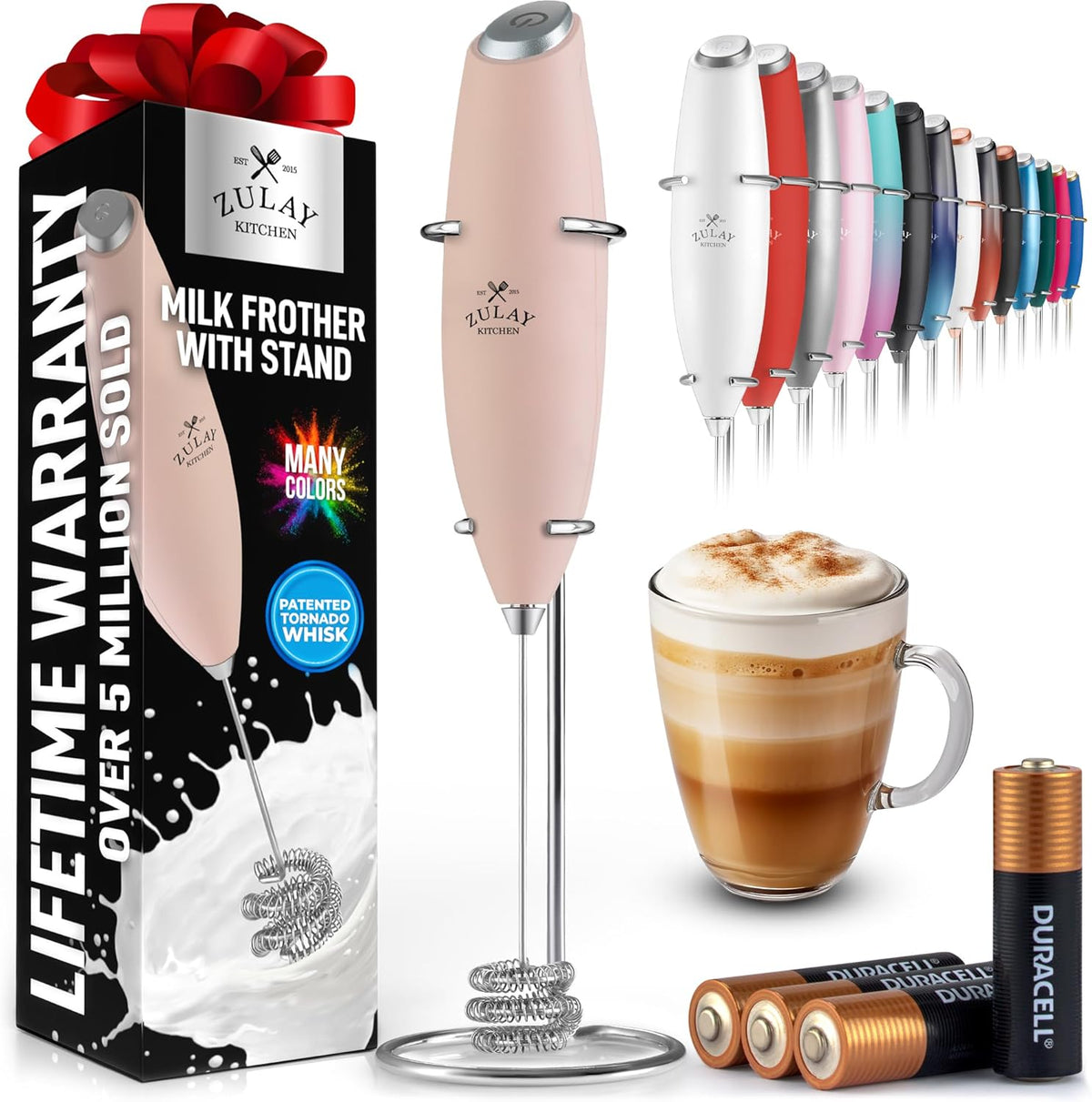 Zulay Kitchen Tornado Whisk Milk Frother with 4 AA Duracell Batteries - Triple Whisk for More Power - Handheld Coffee Frother with Stand - Drink Mixer for Lattes, Matcha & Protein Shakes
