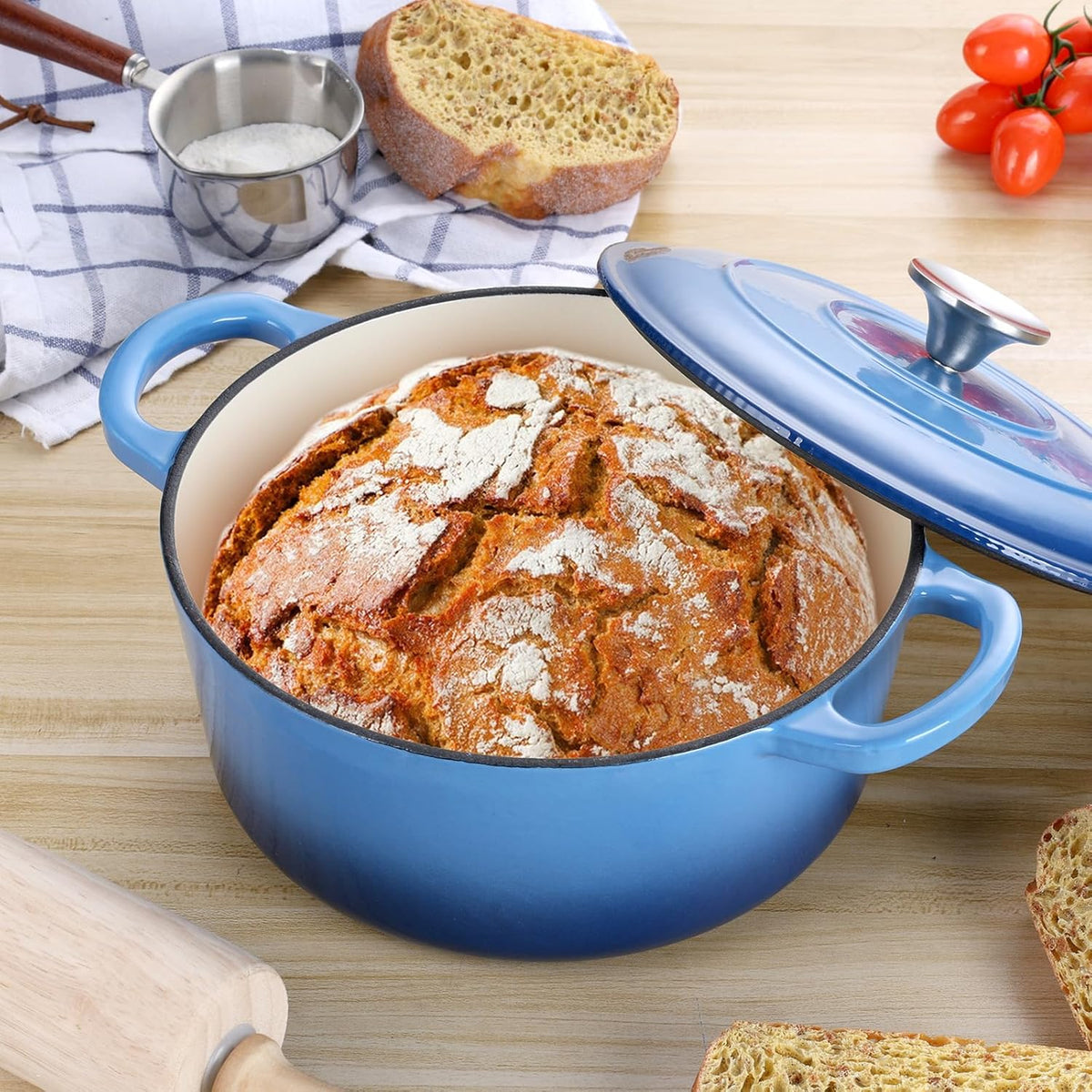 3 Qt Enameled Cast Iron Dutch Oven with Lid, E-far Small Round Nonstick Dutch Oven Pot for Bread Baking Braising Stews Roasting Cooking, Heavy Duty, Induction & Oven Safe - Blue