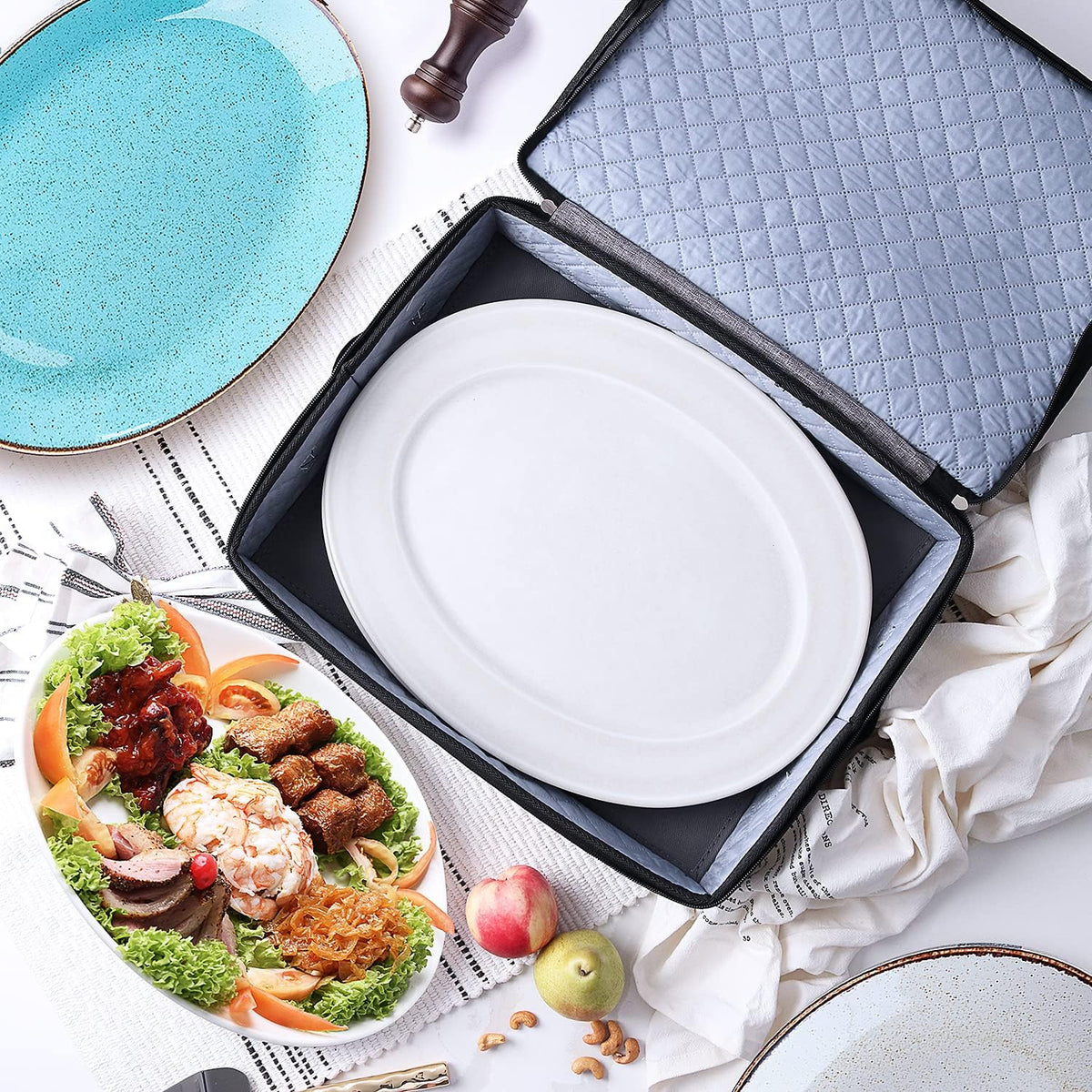Platter Storage Case, Fine China Storage Containers Hard Shell, Quilted and Stackable 16”x 12.5”x 3.5” Platter Storage Container with Zipper, Handles and Felt Dividers for Moving and Seasonal Storage