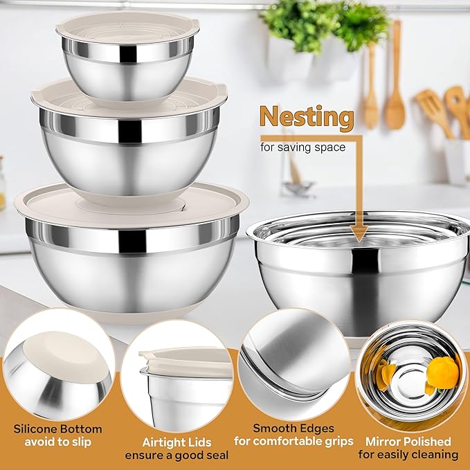 P&P CHEF Mixing Bowl with Lids Set of 3, Stainless Steel Nesting Salad Bowls for Serving Preparing, 3 Grater Attachments & Non-Slip Bottoms, Size 1.5/2.6/4.6 QT, Khaki