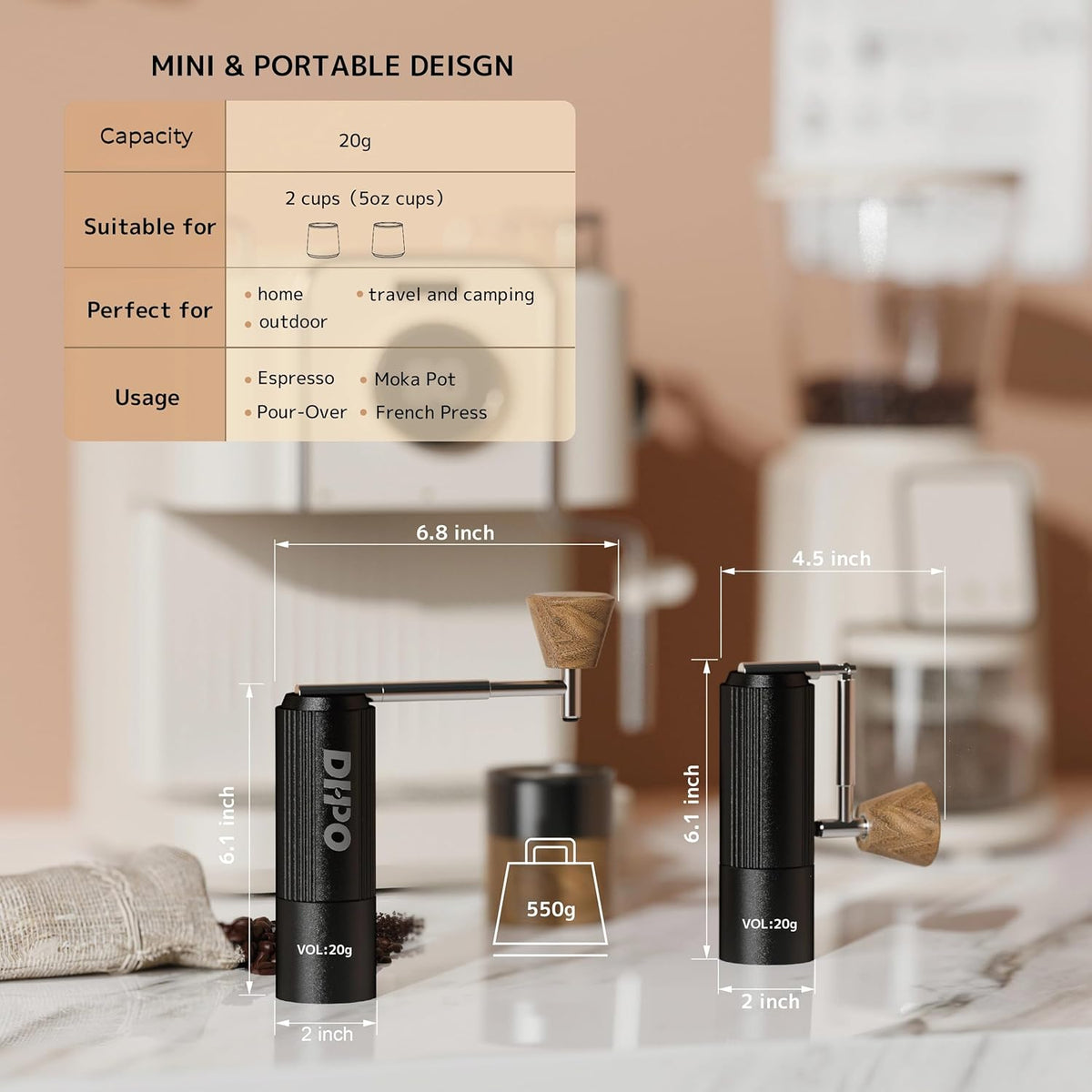 DHPO Sky-Two Manual Coffee Grinder With 7 Axis Stainless Steel Conical Burr Mill, 20g Portable Hand Coffee Grinder With Foldable Handle For Espresso, Drip, French Press, Camping, Travel, Home, Black