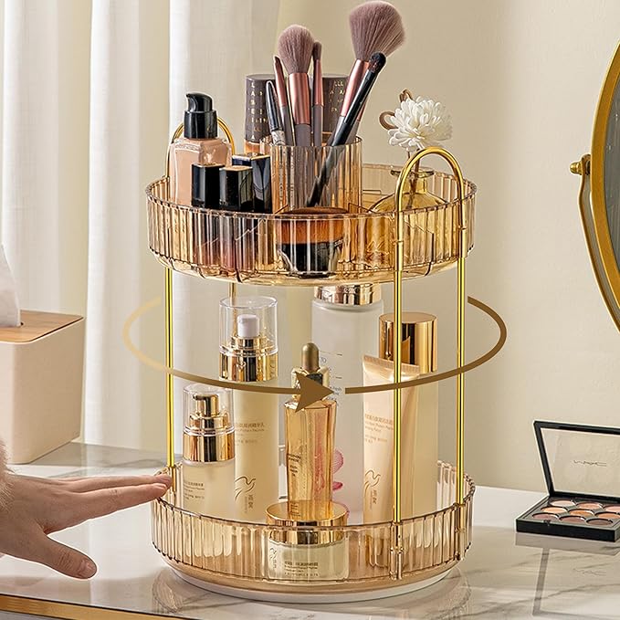 Aveniee 360 Rotating Makeup Organizer for Vanity, Upagraded Perfume Skincare Bathroom Counter Organizers with Brush Divider, Two Tier Spinning Lipstick CosmeticLotion Storage,Gold