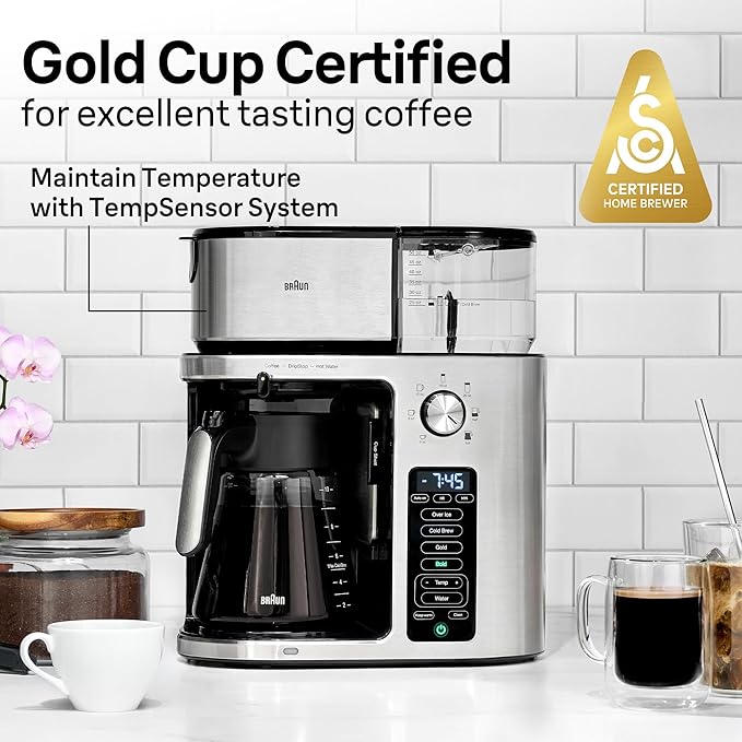 Braun MultiServe Plus 10-Cup Drip Coffee Maker - Hot & Cold Multi-Serve Brewer with Timer and Auto Start, Hot Water Dispenser, Over Ice Function, Stainless Steel & Pod-Free Design, KF9370SI