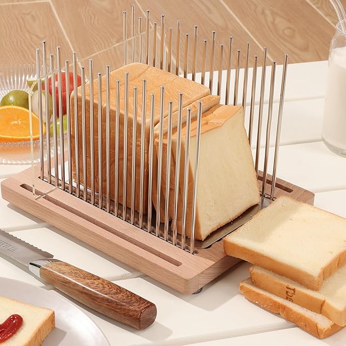 Bread Slicer, Stainless Steel Bread Slicer for Homemade Bread,Adjustable Bread Slicing Guide with Beechwood Bread Cutting Board for Loaf,Bagels & Baguette, Durable and Stable Wooden Structure