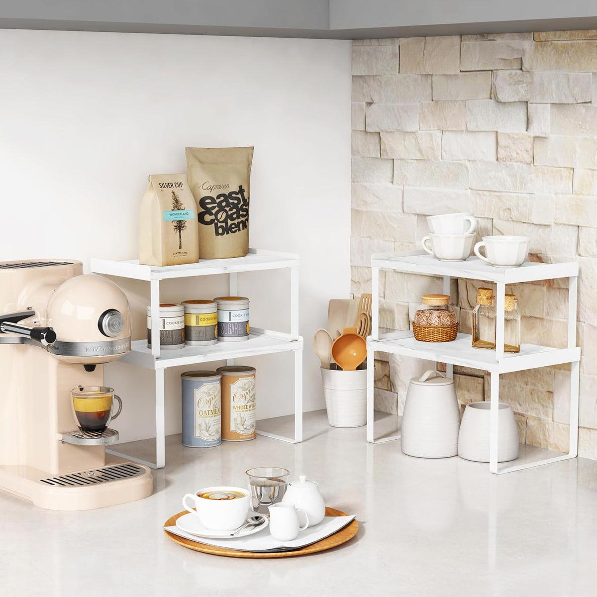 White Marble Kitchen Counter Shelf Organizer, Modern Dish Plate Organizer for Cabinet Space Saver, Small Wood Stackable 2 Tier Office Desktop Shelf Risers for Books Monitor - Set of 4