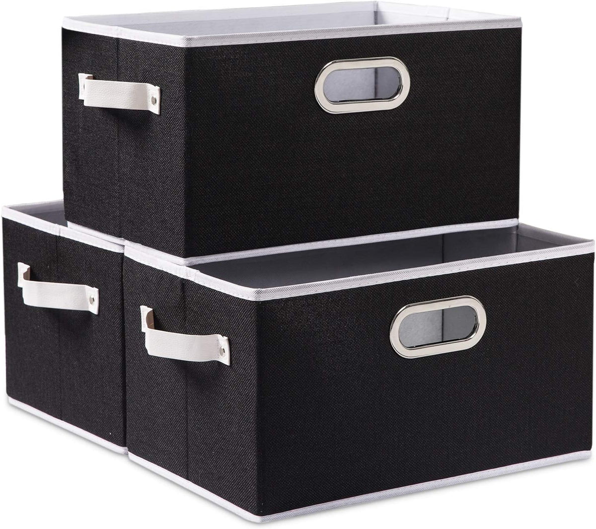PRANDOM Large Collapsible Storage Bins for Closet [3-Pack] Decorative Fabric Storage Baskets Cubes with Leather/Metal Handles for Shelves Bedroom Living Room Black (14.9x9.8x8.3 Inch)