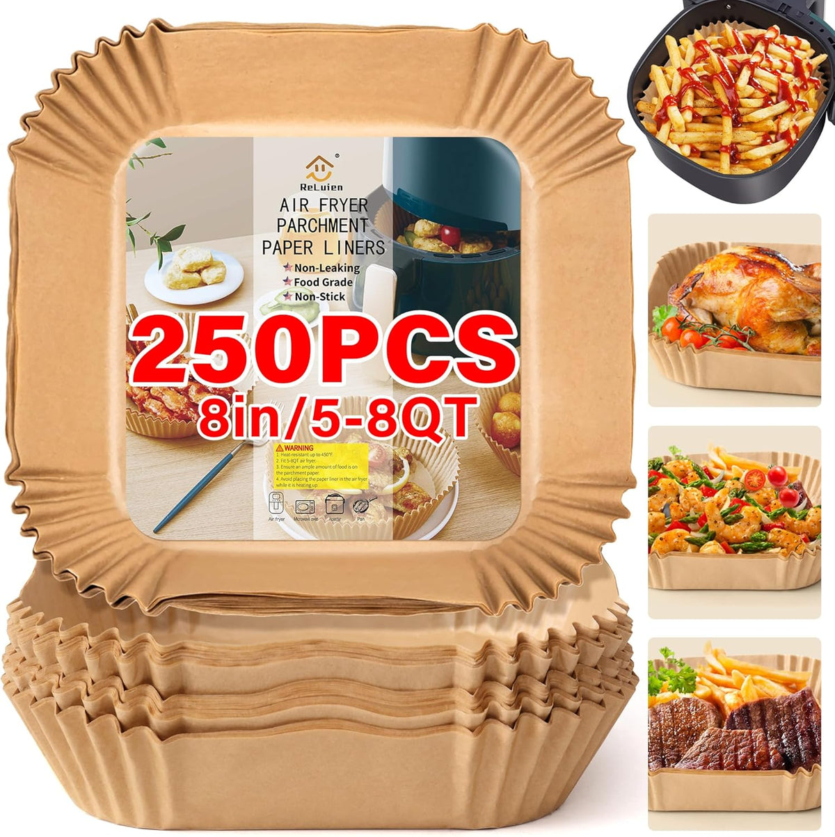 Air Fryer Liners Disposable, 250pcs Non-stick Disposable Airfryer Liners, 8 Inch Unbleached Parchment Paper, Square Air Fryer Paper Liners for 5-8QT Air Fryer, Baking, Roasting Microwave