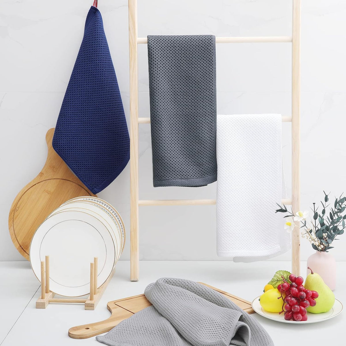 Homaxy 100% Cotton Waffle Weave Kitchen Dish Towels, Ultra Soft Absorbent Quick Drying Cleaning Towel, 13 x 28 Inches, 8-Pack, Light Gray