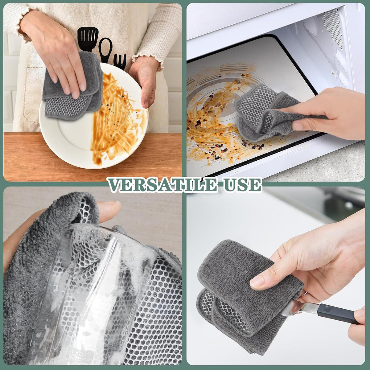 SINLAND Microfiber Dish Cloth for Washing Dishes Dish Washing Rags Best Kitchen Washcloth Cleaning Cloths Wash Cloths with Poly Scour Side 7.87Inchx7.87Inch 10 Pack Grey