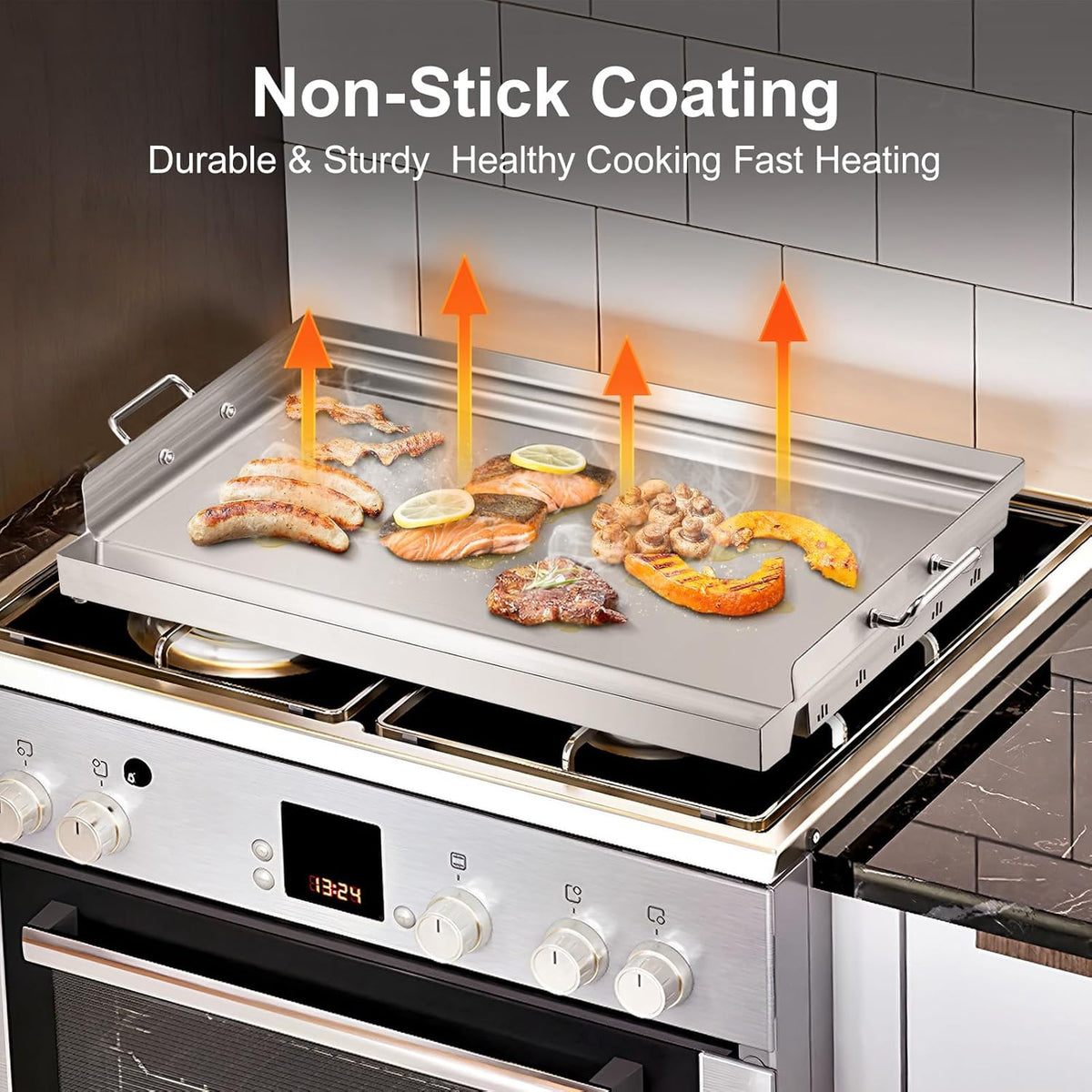 YORKING 23" x 16" Nonstick Coating Griddle Flat Top Grill Plate, Stainless Steel Griddle Plate with Grease Groove and Removable Handles for BBQ Charcoal/Gas Grills, Parties, Indoor/Outdoor Cooking