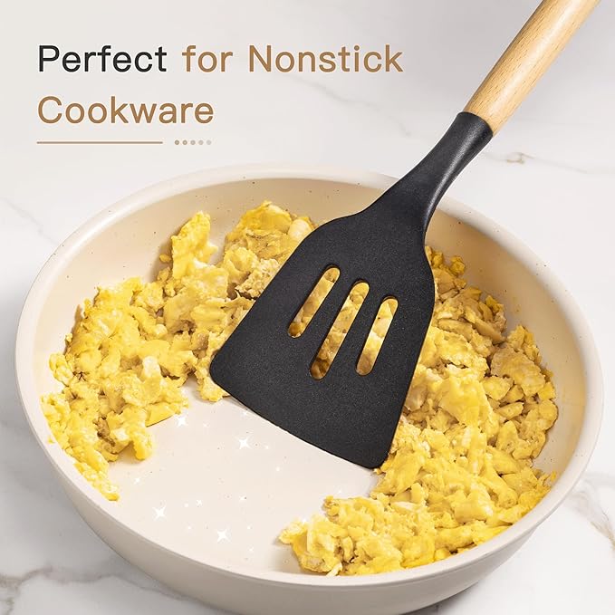 Astercook 39 PCS Kitchen Utensils Set, Silicone Cooking Utensils Set with Wooden Handle, 446°F Heat Resistant Food Grade Utensil Sets, BPA Free Kitchen Gadgets Tools Set for Nonstick Cookware (Black)
