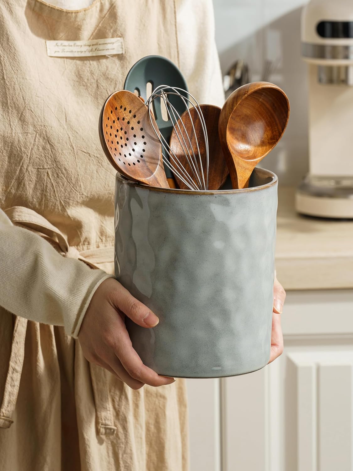 famiware Ocean Utensil Holder, 7.2"+5.8" Ceramic Kitchen Utensil Holder for Countertop, 2 Pieces Cooking Utensil Crocks, Utensil Organizer for Spatula & Spoon, Kitchen Decor, Set of 2, Gray