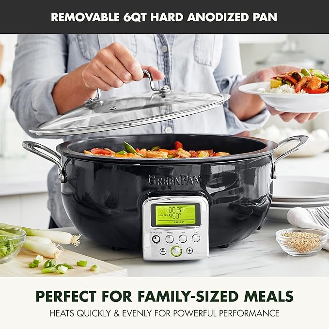 GreenPan Elite Essential Smart Electric 6QT Skillet Pot,Sear Saute Stir-Fry and Cook Rice, Healthy Ceramic Nonstick and Dishwasher Safe Parts, Easy-to-use LED Display, PFAS-Free, Black